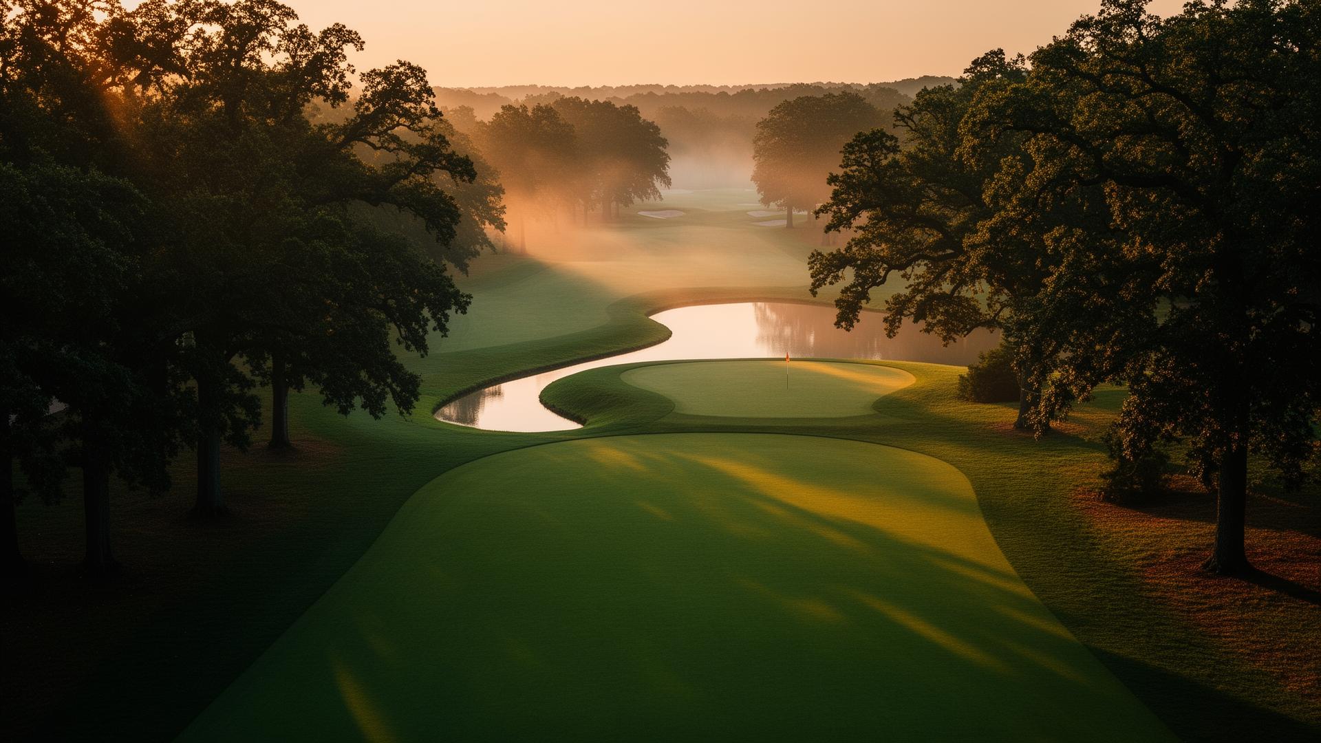 Sunrise over a manicured par-3 with mist rising off the green